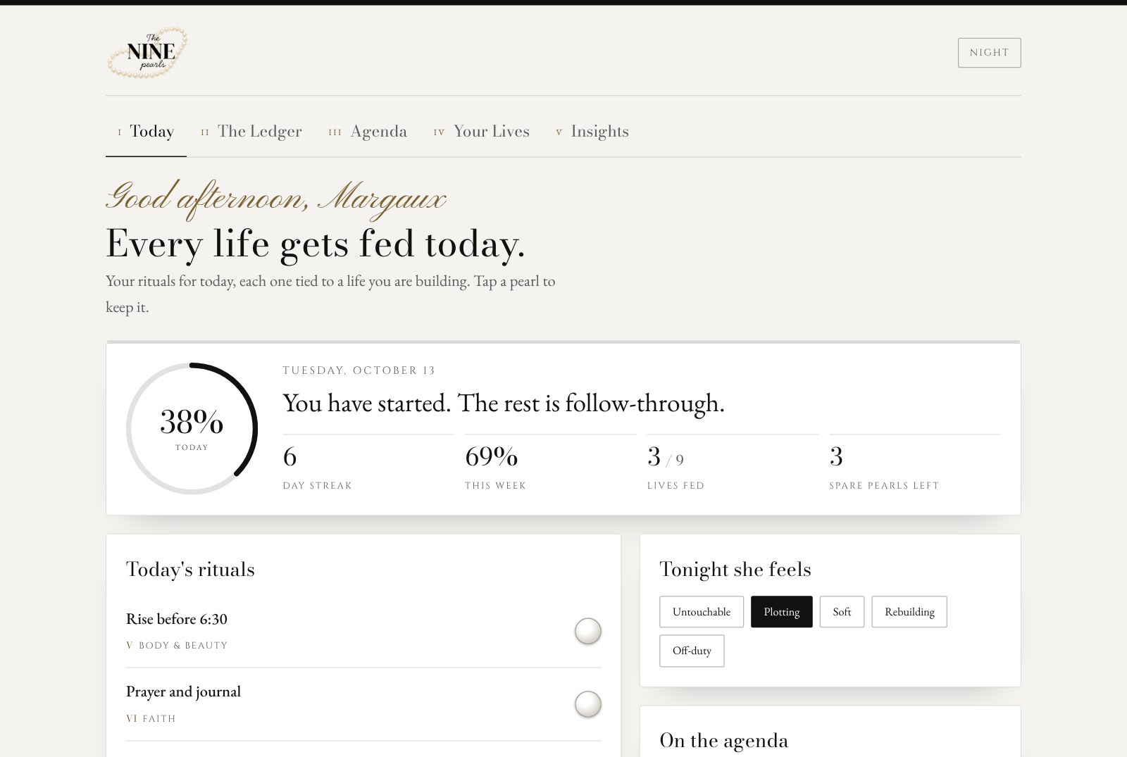 The Today room: a progress ring, today's rituals with pearl check buttons, a mood check-in and the day's agenda